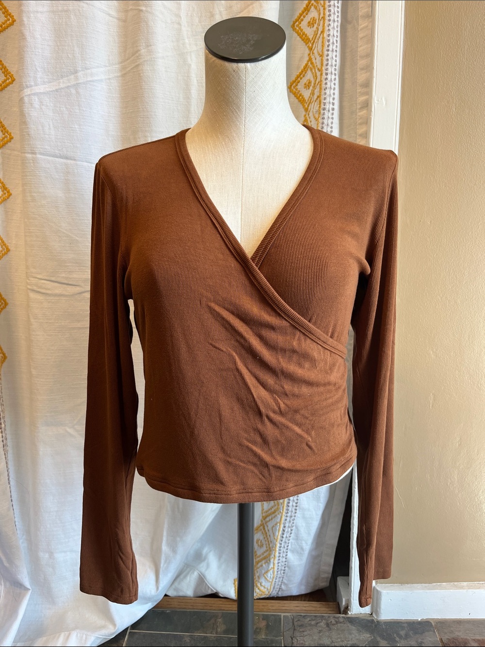 Magnolia Brown Wrap Front Long Sleeve Top